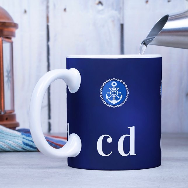 Caneca De Café Marinho azul branco monograma de embarcações náuti (Criador carregado)