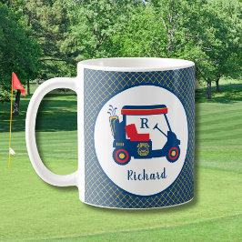 Caneca De Café Marinho Azul Dourado e Golfe Vermelho Personalizad