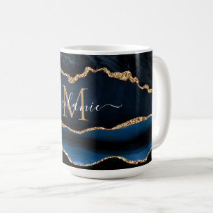 Caneca De Café Marinho Azul Dourado mármore - Letra personalizada