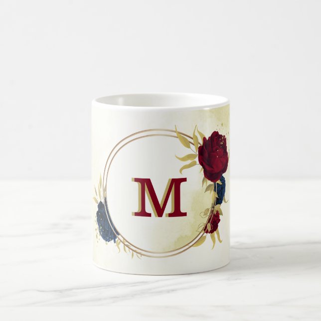 Caneca De Café marinho azul e flores vermelhas verde (Centro)