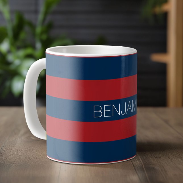 Caneca De Café Marinho Azul e Vermelho de Rúguebi com Nome Person (Custom Monogram Mug)