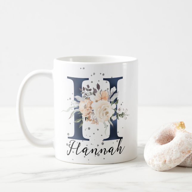 Caneca De Café Marinho Azul - Letra H Peach Cream - Monograma Flo (Com Donut)