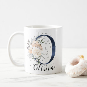 Caneca De Café Marinho Azul - Letra O Peach Cream Floral Monogram
