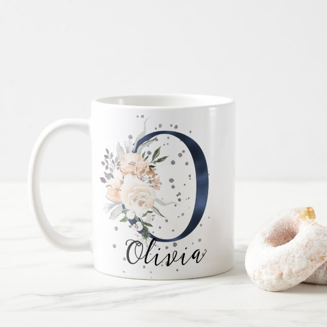 Caneca De Café Marinho Azul - Letra O Peach Cream Floral Monogram (Com Donut)