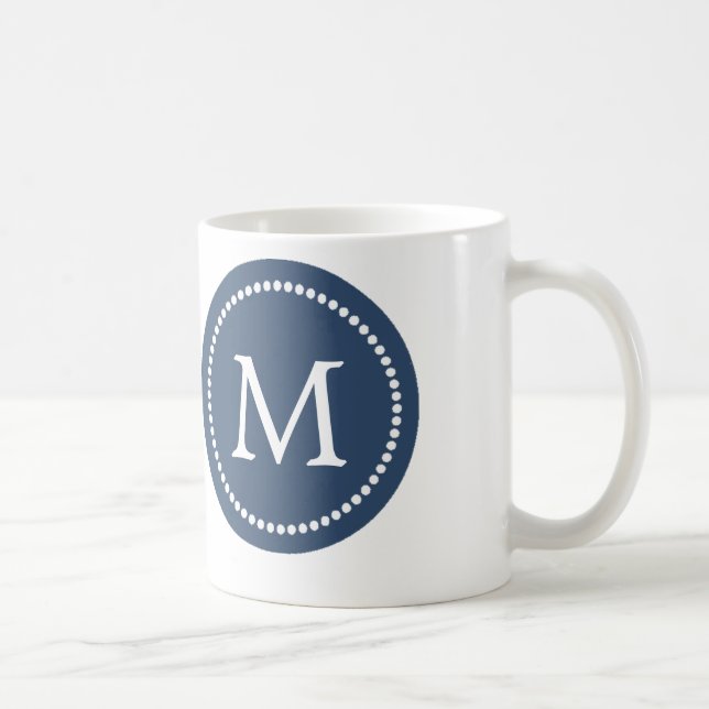 Caneca De Café Marinho Azul - Monograma Branco - Mug Cerâmica (Direita)