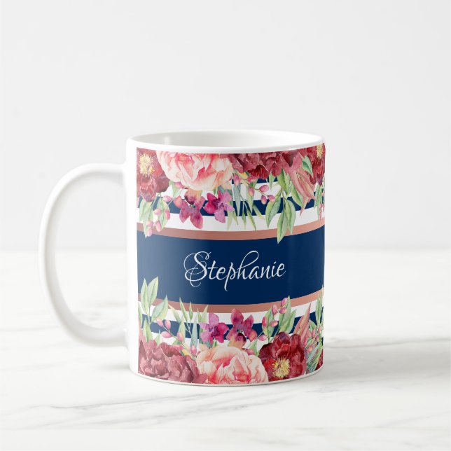 Caneca De Café Marinho Azul Stripe Borgonha Floral Nome Personali (Esquerda)