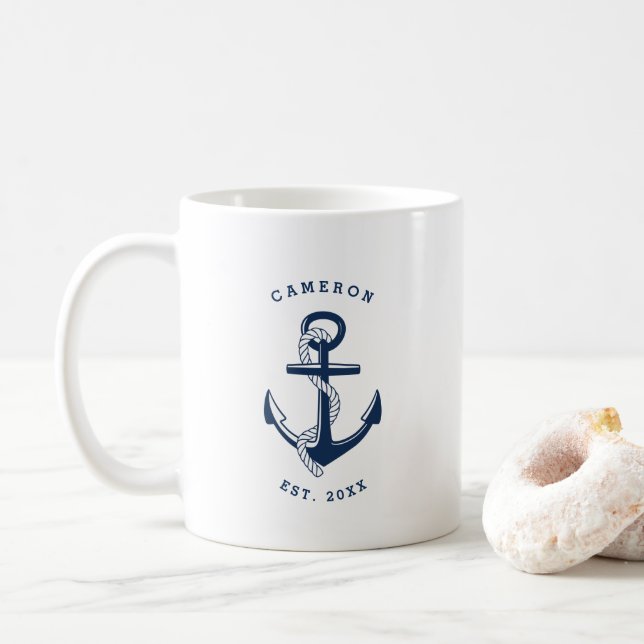 Caneca De Café Marinho Blue Anchor Náutico Personalizado Mug (Com Donut)