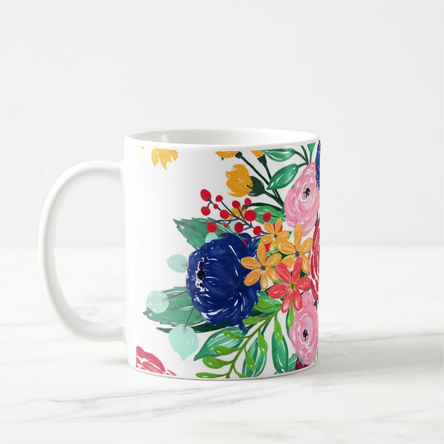 Caneca De Café Marinho Blue e Red Watercolor Boho Chic Flowers (Esquerda)