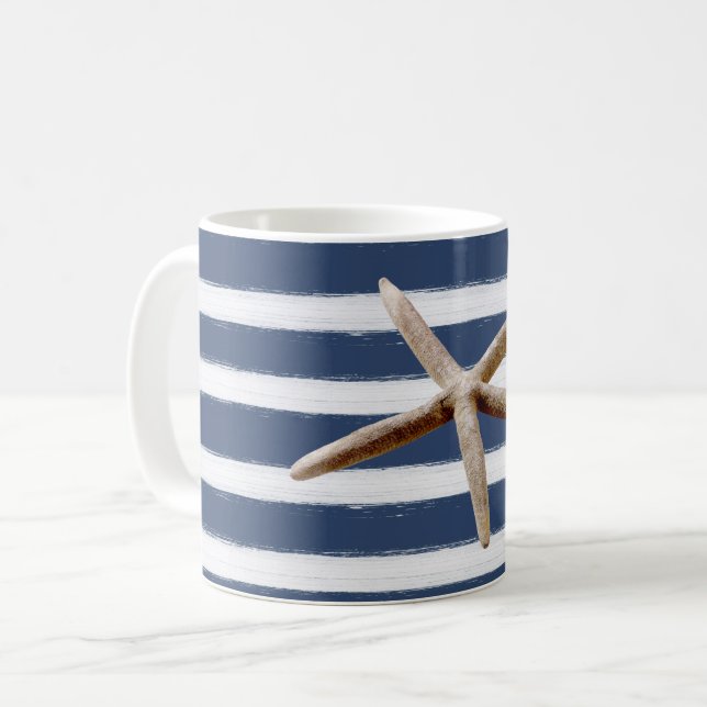 Caneca De Café Marinho Blue e White Stripes Starfish (Frente Esquerda)