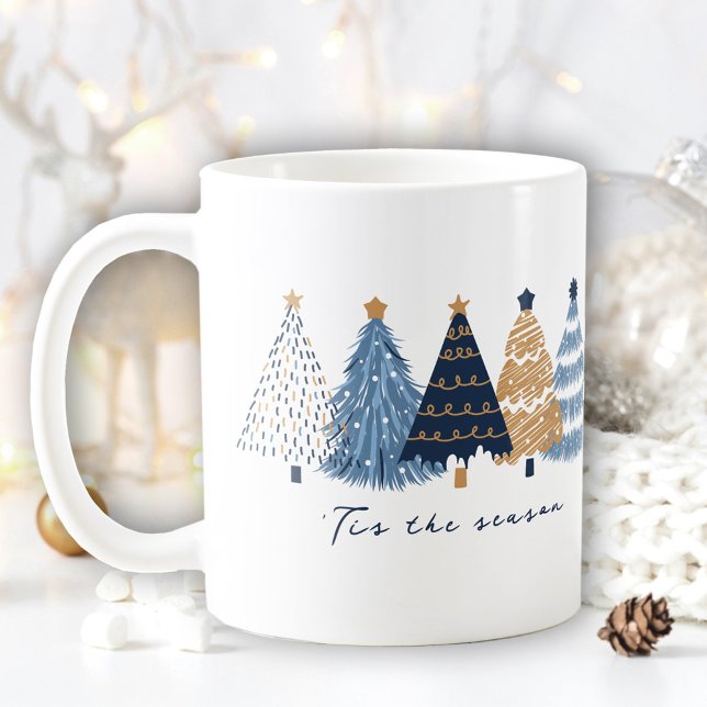 Caneca De Café Marinho Blue Trees Moderno Nome Simples de Natal (Navy Blue Trees Modern Simple Christmas Name Coffee Mug)