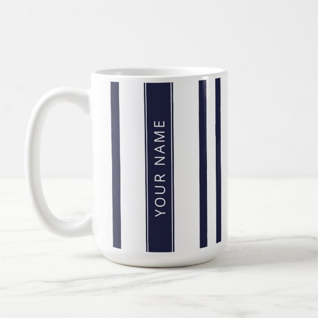 Caneca De Café Marinho Blue Vertical Stripes com seu nome Mug (Esquerda)