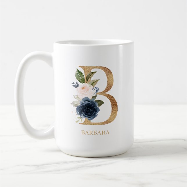 Caneca De Café Marinho Blush Floral Monograma - Letra "B" Persona (Esquerda)