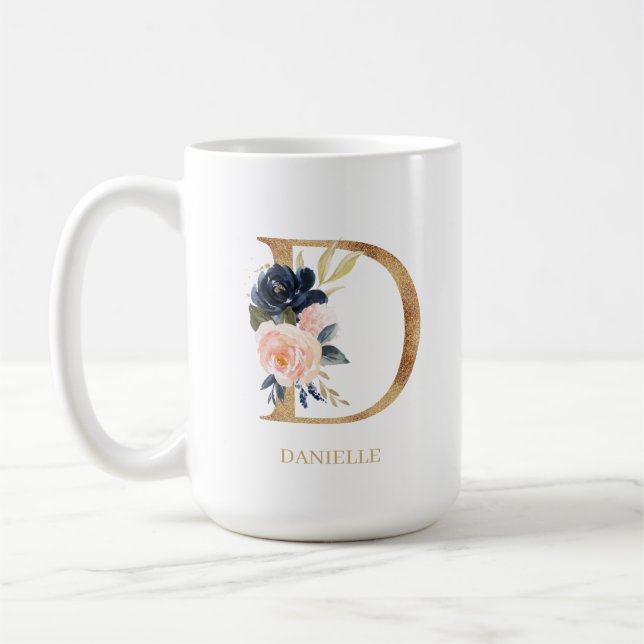 Caneca De Café Marinho Blush Floral Monograma - Letra "D" Persona (Esquerda)