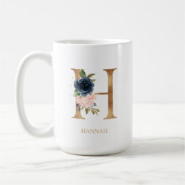 Caneca De Café Marinho Blush Floral Monograma - Letra "H" Persona