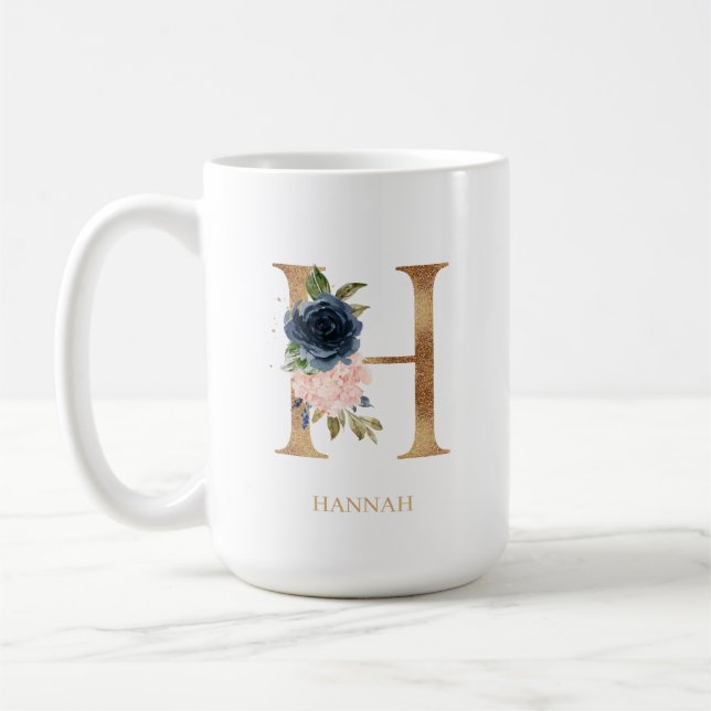 Caneca De Café Marinho Blush Floral Monograma - Letra "H" Persona (Esquerda)