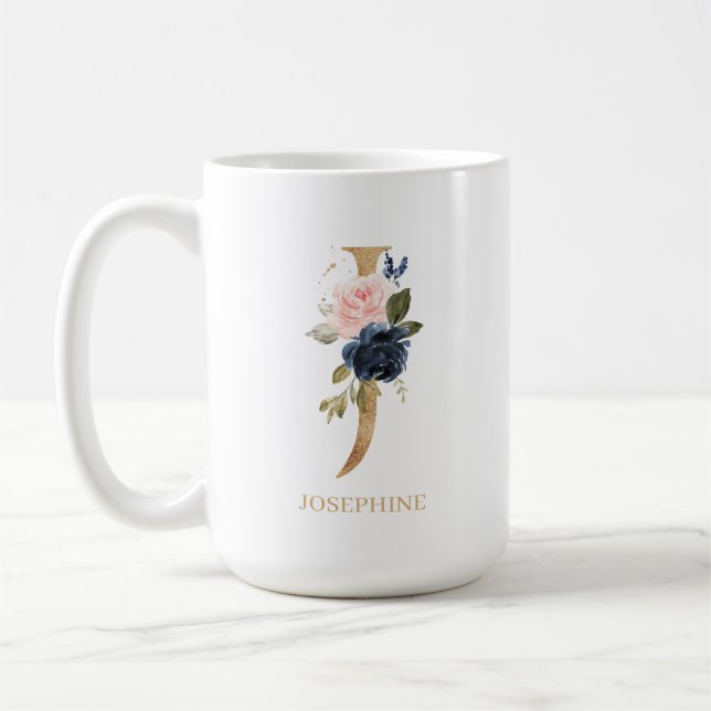 Caneca De Café Marinho Blush Floral Monograma - Letra "J" Persona (Esquerda)