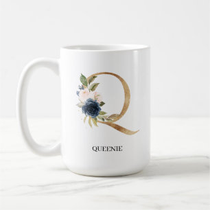 Caneca De Café Marinho Blush Floral Monograma - Letra "Q" Persona