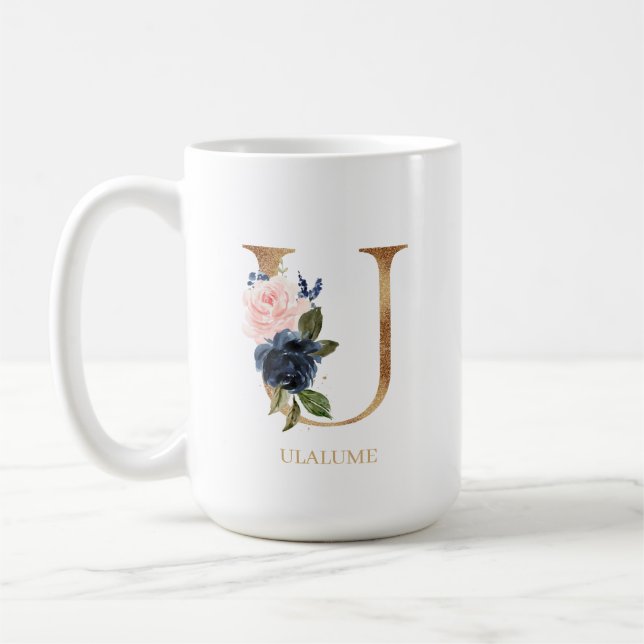 Caneca De Café Marinho Blush Floral Monograma - Letra "U" Persona (Esquerda)