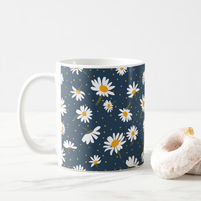 Caneca De Café Marinho das Flores Brancas Clássicas Amarelas (Com Donut)
