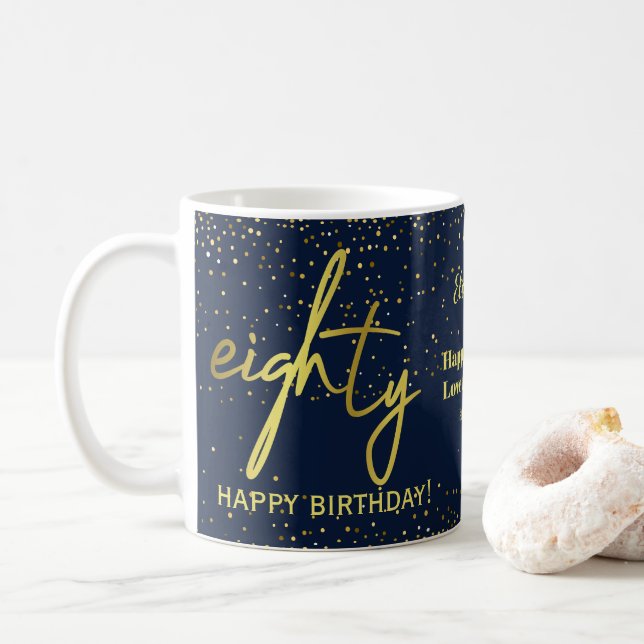 Caneca De Café Marinho de Aniversário Glamoroso 80 Dourado (Com Donut)