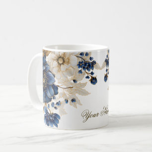 Caneca De Café Marinho de Aquarela Ouro Branco Azul Prata Floral