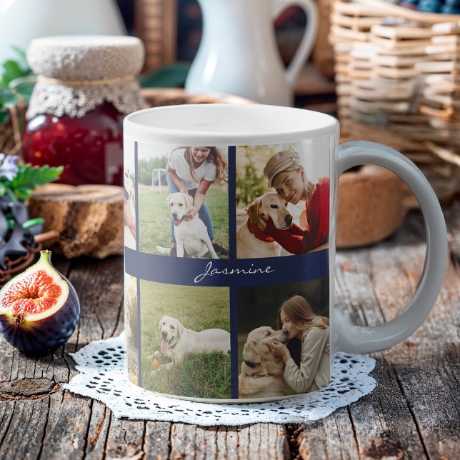 Caneca De Café Marinho de Colagem de Fotografias Moderna Azul (Celebrate your furbaby with this photo collage mug.)