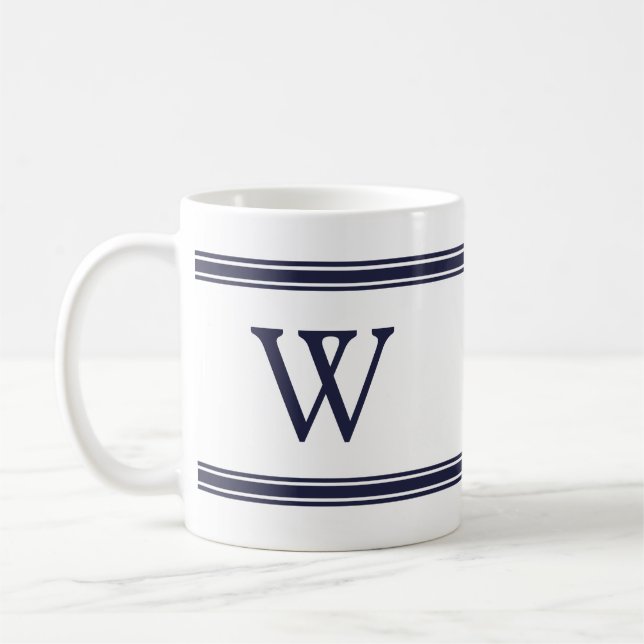 Caneca De Café Marinho de Monograma Blue Strited Personalised Mug (Esquerda)