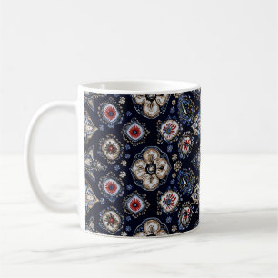 Caneca De Café Marinho de Padrão Floral Elegante Azul