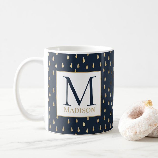Caneca De Café Marinho Dourado Raindrop Modern Trendy Monograma (Com Donut)