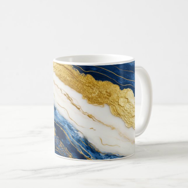 Caneca De Café Marinho Luxurioso Azul e Dourado Mármaco Folha (Frente Esquerda)