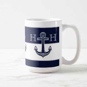 Caneca De Café Marinho Náutico Monograma Costeiro Azul Anchor Ca