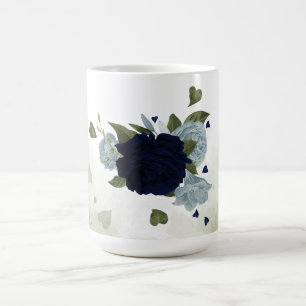 Caneca De Café Marinho romântico flores azuis poeirentas verde