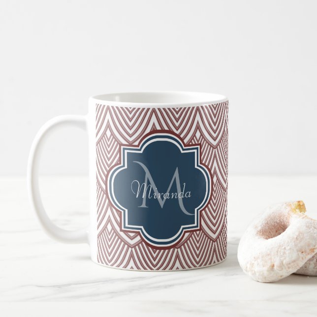 Caneca De Café Marinho Vermelho Escuro Deco Scallops Blue Monogra (Com Donut)