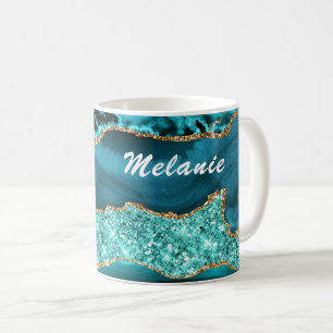 Caneca De Café Mármaco Dourado Azul Teal Seu Nome Coffee Mug