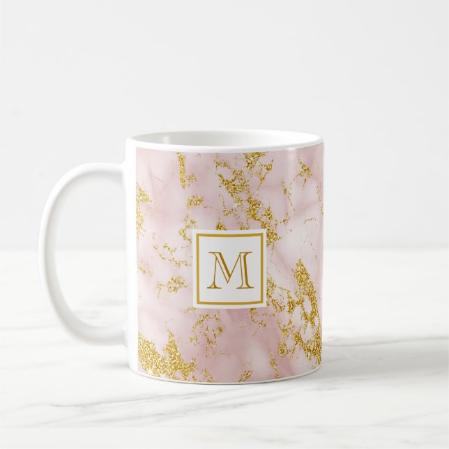 Caneca De Café Mármaco Rosa Elegante Monograma Faux Glitter Doura (Esquerda)