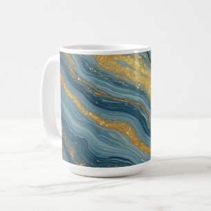 Caneca De Café Mármore Azul Abstrato Com Veias Douradas