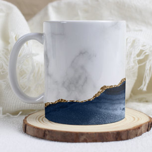 Caneca De Café Mármore Branco Ágata Azul-Marinho Dourada