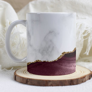 Caneca De Café Mármore Branco Ágata Borgonha Dourada