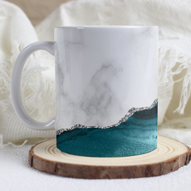 Caneca De Café Mármore Branco Azul Turquesa Ágata Brilho Prata (Criador carregado)
