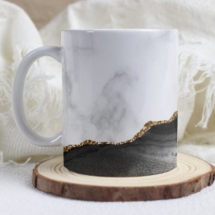 Caneca De Café Mármore Branco com Ágata Preta Dourada