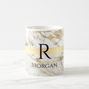 Caneca De Café Mármore Branco e Dourado, Barra Dourada, Monograma
