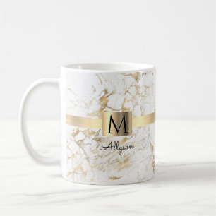 Caneca De Café Mármore Branco e Dourado, Nome em Letra e Monogram