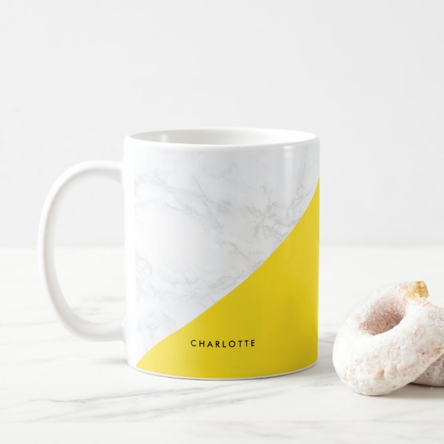 Caneca De Café Mármore branco moderno com Mug de bloco amarelo (Com Donut)