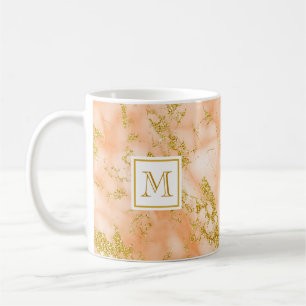 Caneca De Café Mármore Laranja Elegante Monograma Faux Glitter D