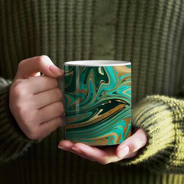 Caneca De Café Mármore Líquido Verde e Dourado (Emerald Green and Gold Paint Pour Mug)
