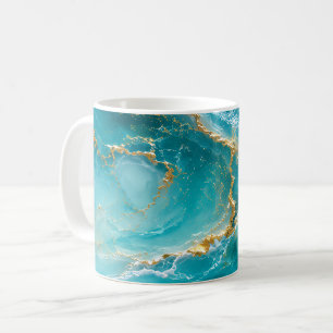 Caneca De Café Mármore Oceano Turquesa Luxo com Ondas de Folha de