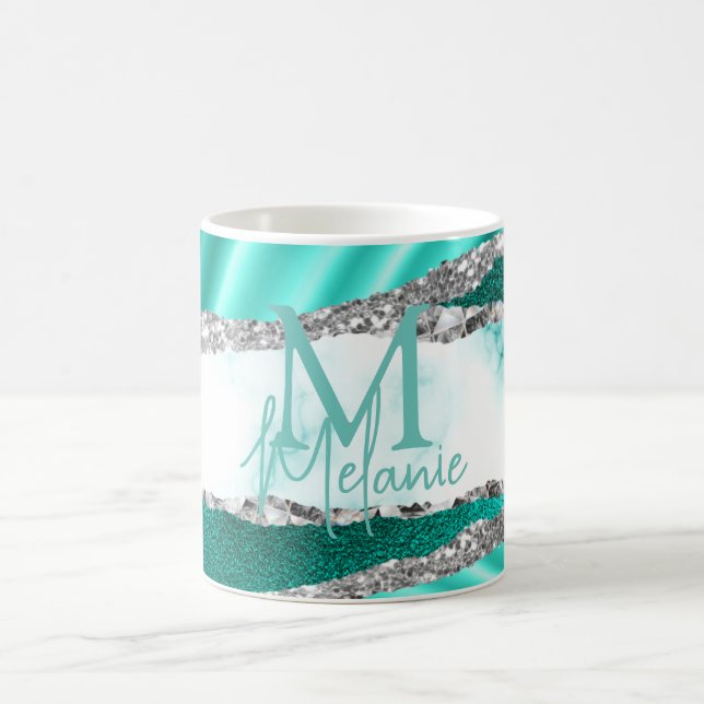 Caneca De Café Mármore Teal Glamouroso e Brilho Prateado (Centro)