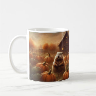Caneca De Café Marmota americana em pé em um campo de abóboras ao