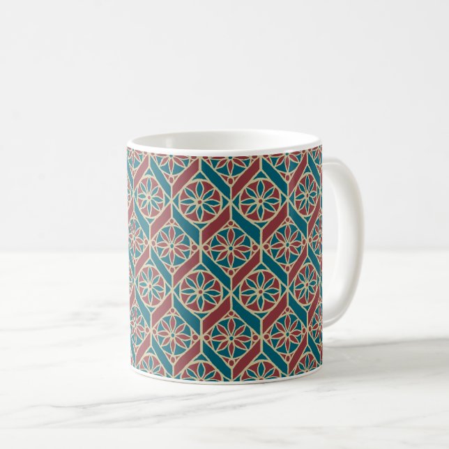 Caneca De Café Maroon, Padrão Étnico Teal, Flores, Cevrons (Frente Esquerda)