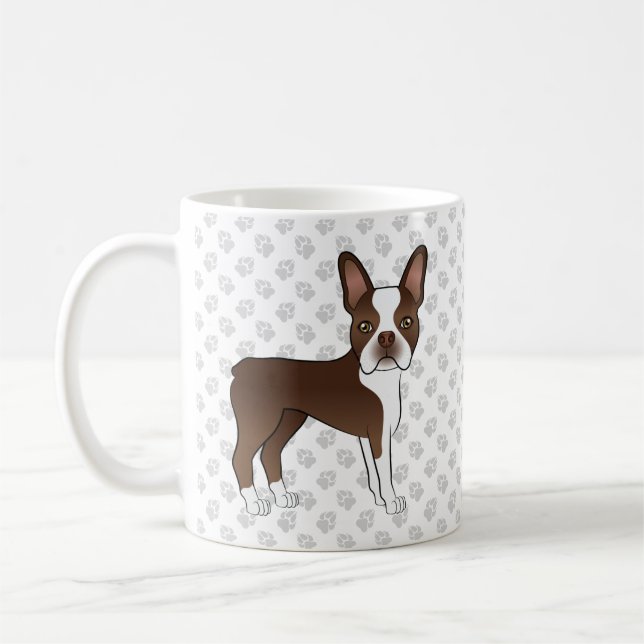 Caneca De Café Marrom e White Boston Terrier Cartoon Dog & Paws (Esquerda)